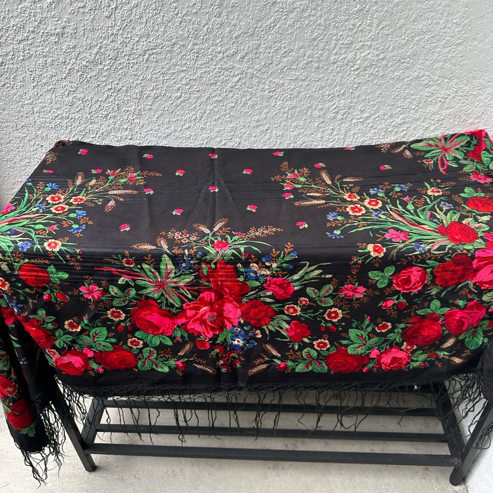 Vintage Floral Wool Shawl with Fringe - Black Multicolor Wool